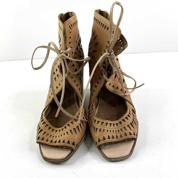 Jeffrey Campbell Shoes Size 10 Rodillo Tan Cut Out Boho Lace Up Wedge Sandals - Picture 2 of 9